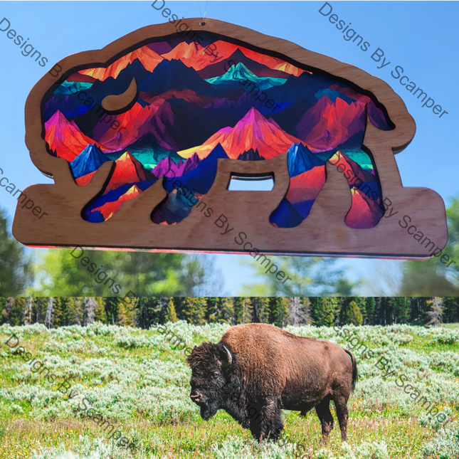 Bison Acrylic Suncatcher w/ Wood Overlay