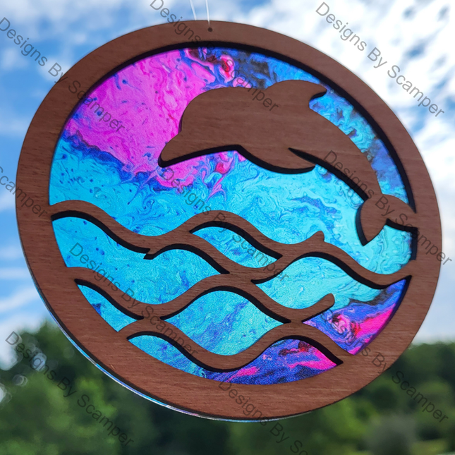 Dolphin Acrylic Suncatcher w/ Wood Overlay