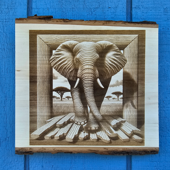 Live Edge 3D Illusion Laser Etching - Elephant