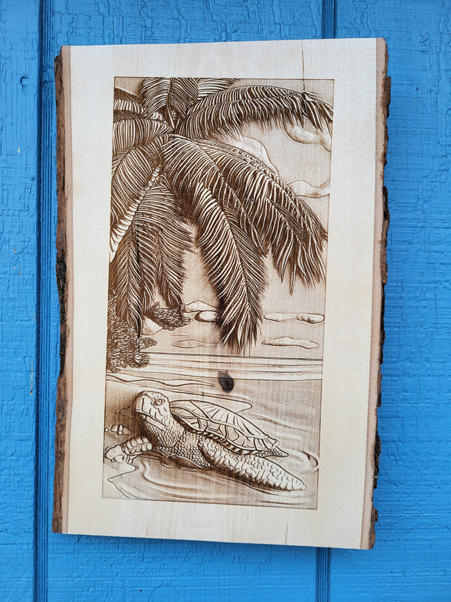 Live Edge 3d Illusion Laser Etching - Sea Turtle on Beach