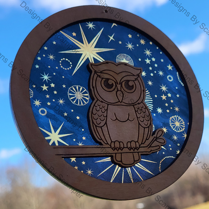 Owl At Night Acrylic Suncatcher w/ Wood Overlay