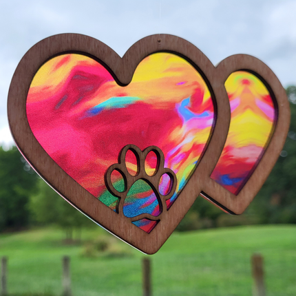 Double Heart Acrylic Suncatcher w/ Paw Print and Wood Overlay (2 varieties)