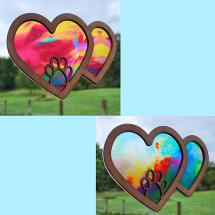 Double Heart Acrylic Suncatcher w/ Paw Print and Wood Overlay (2 varieties)