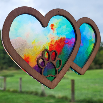 Double Heart Acrylic Suncatcher w/ Paw Print and Wood Overlay (2 varieties)