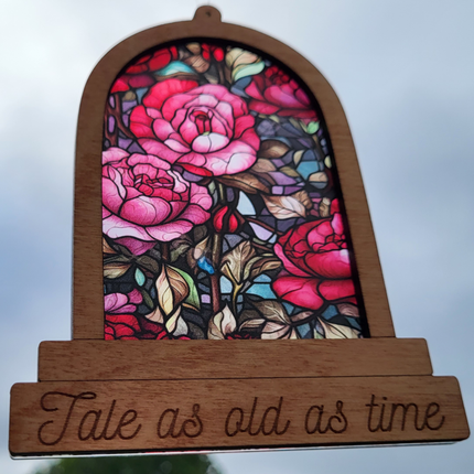 Fairytale Roses Suncatcher, Acrylic w/ Wood Overlay