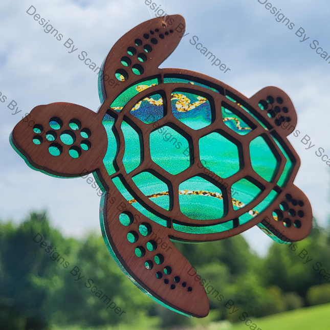 Sea Turtle Acrylic Suncatcher w/ Wood Overlay