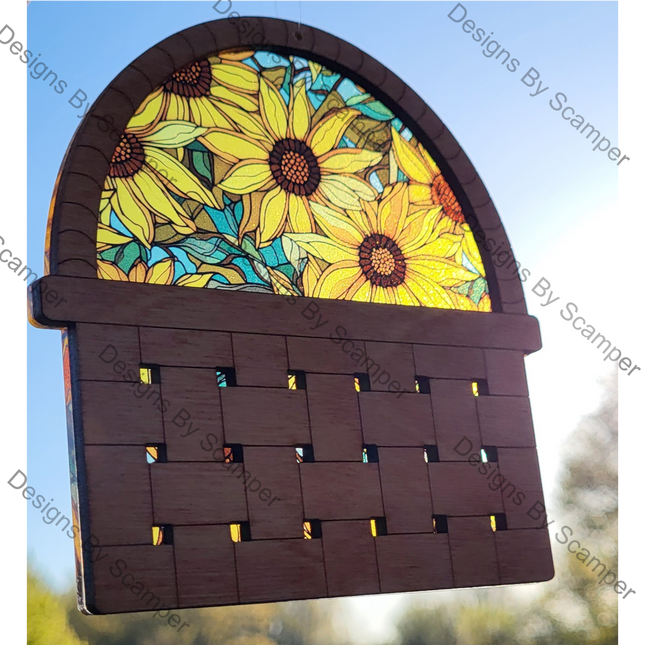 Sunflower Basket Acrylic Suncatcher w/ Wood Overlay