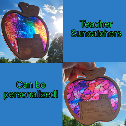 image showing both variations of the wooden suncatcher in the shape of an apple with a desk laser engraved into the lower portion with the words #1 Teacher. Teacher name can be personalized